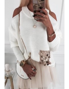 Sequins Splicing Cold Shoulder Casual Pullover Sweater