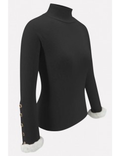 Black Splicing Button Decor Long Sleeve Casual Sweater