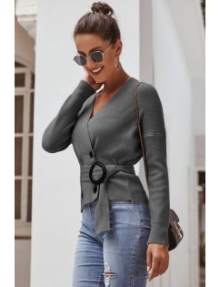Gray Button Up V Neck Long Sleeve Casual Cardigan