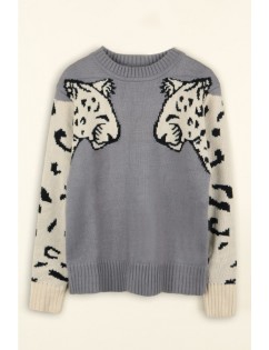 Gray Lion Crew Neck Long Sleeve Casual Pullover Sweater