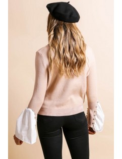 Light-pink Imitation Pearl Splicing Round Neck Long Sleeve Casual Pullover Sweater