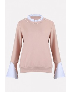 Light-pink Imitation Pearl Splicing Round Neck Long Sleeve Casual Pullover Sweater