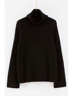 Black Ribbed High Collar Long Sleeve Casual Pullover Sweater