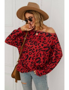 Red Leopard Long Sleeve Casual Pullover Sweater