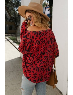 Red Leopard Long Sleeve Casual Pullover Sweater
