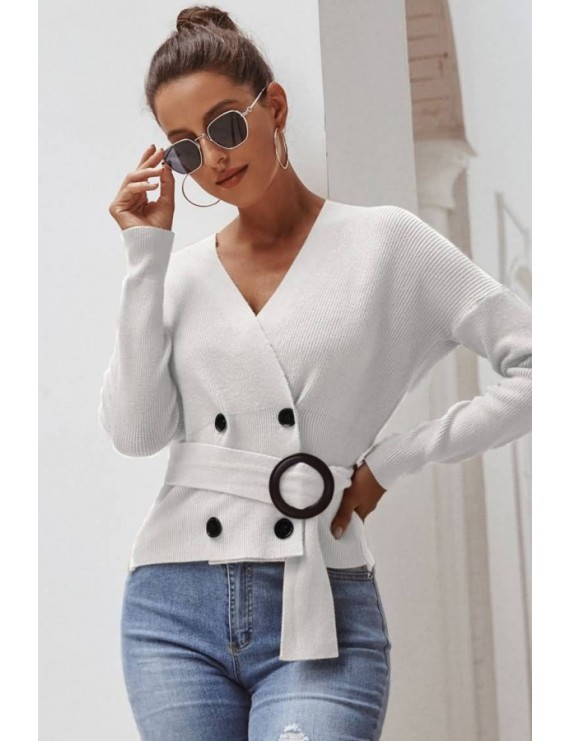 White Button Up V Neck Long Sleeve Casual Cardigan