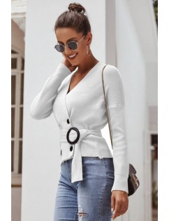 White Button Up V Neck Long Sleeve Casual Cardigan