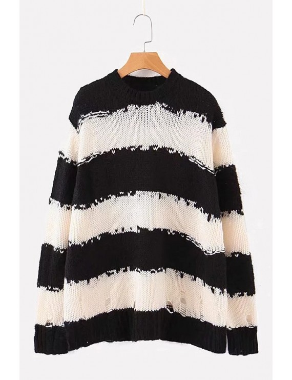 Black-white Stripe Ripped Round Neck Long Sleeve Casual Pullover Sweater
