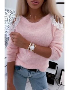 Pink Crochet Splicing Round Neck Casual Sweater