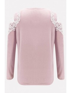 Pink Crochet Splicing Round Neck Casual Sweater