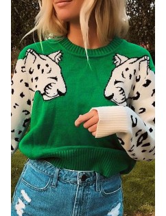 Green Lion Crew Neck Long Sleeve Casual Pullover Sweater