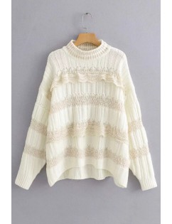 Beige Crochet Splicing Mock Neck Long Sleeve Chic Pullover Sweater