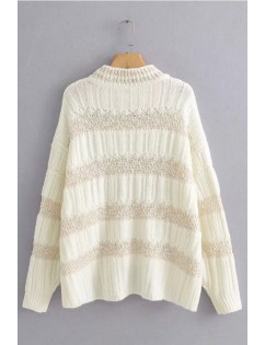 Beige Crochet Splicing Mock Neck Long Sleeve Chic Pullover Sweater