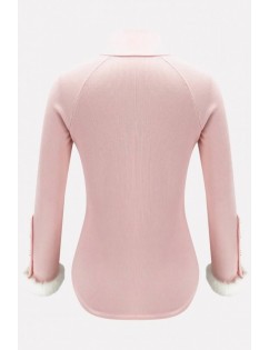 Light-pink Splicing Button Decor Long Sleeve Casual Sweater