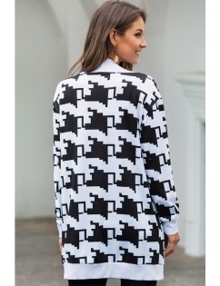 Black-white Houndstooth Open Front Long Sleeve Casual Sweater