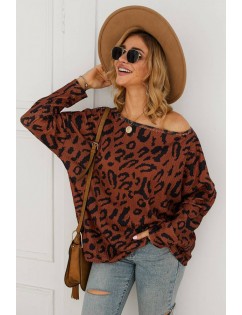 Brown Leopard Long Sleeve Casual Pullover Sweater