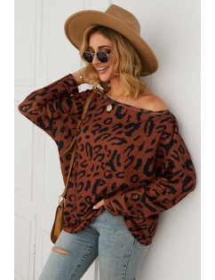 Brown Leopard Long Sleeve Casual Pullover Sweater