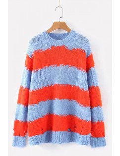 Blue Stripe Ripped Round Neck Long Sleeve Casual Pullover Sweater