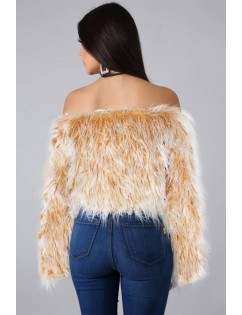Yellow Faux Fur Off Shoulder Long Sleeve Sexy Sweater