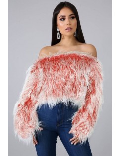 Red Faux Fur Off Shoulder Long Sleeve Sexy Sweater