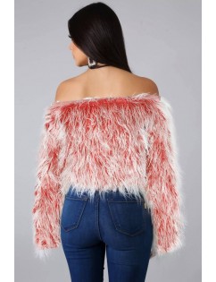 Red Faux Fur Off Shoulder Long Sleeve Sexy Sweater