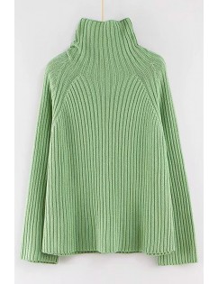 Light-green Ribbed High Collar Long Sleeve Casual Pullover Sweater
