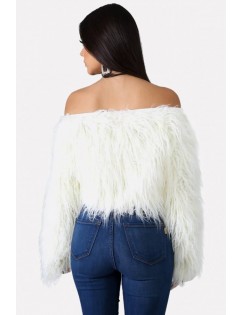 White Faux Fur Off Shoulder Long Sleeve Sexy Sweater