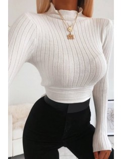 White Tied Mock Neck Long Sleeve Casual Sweater