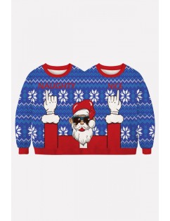 Blue Two Person Santa Claus Print Long Sleeve Christmas Sweatshirt
