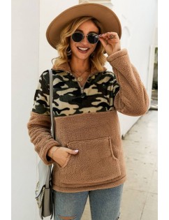 Brown Faux Fur Camouflage Zipper Up Pocket Casual Sweatshirt
