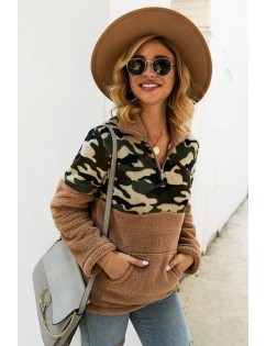 Brown Faux Fur Camouflage Zipper Up Pocket Casual Sweatshirt