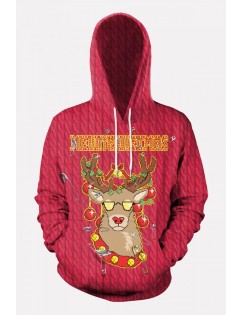 Hot-pink Reindeer Sweater Print Pocket Front Long Sleeve Christmas Hoodie