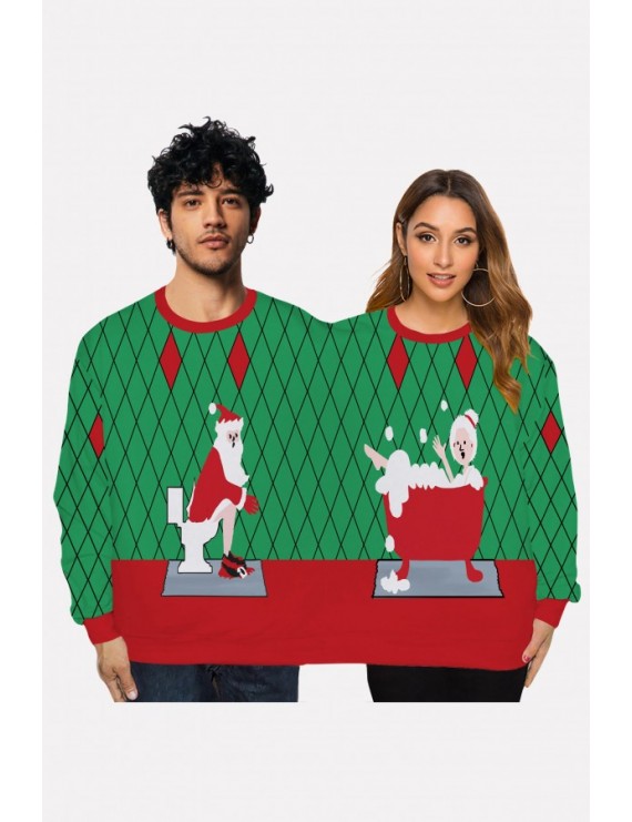 Green Two Person Santa Claus Print Long Sleeve Christmas Sweatshirt