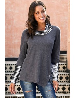 Gray Stripe Cowl Neck Long Sleeve Casual Sweatshirt