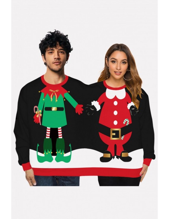 Black Two Person Santa Claus Print Long Sleeve Christmas Sweatshirt