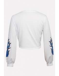 White Printed Crew Neck Long Sleeve Casual Cropped Sweatshirt