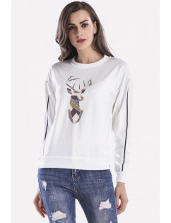 White Deer Print Crew Neck Long Sleeve Casual Sweatshirt