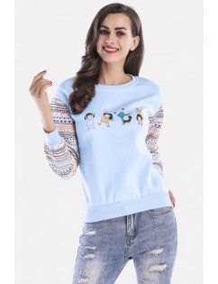 Light-blue Graphic Round Neck Long Sleeve Casual Sweatshirt