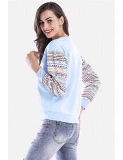 Light-blue Graphic Round Neck Long Sleeve Casual Sweatshirt