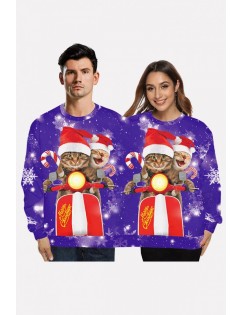 Multi Two Person Cat Print Crew Neck Long Sleeve Christmas Sweatshirt