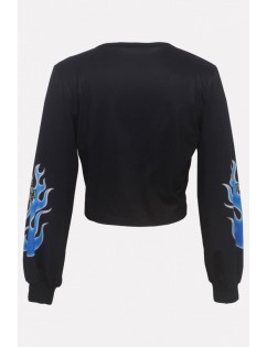 Black Printed Crew Neck Long Sleeve Casual Cropped Sweatshirt