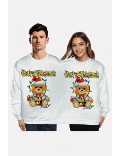 White Two Person Bear Print Crew Neck Long Sleeve Christmas Sweatshirt