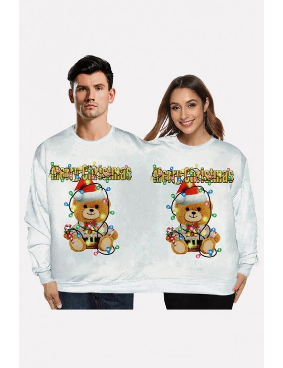 White Two Person Bear Print Crew Neck Long Sleeve Christmas Sweatshirt