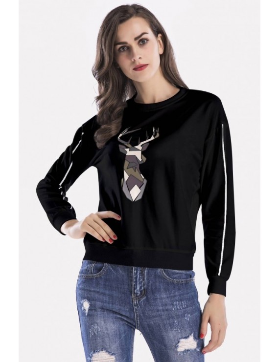 Black Deer Print Crew Neck Long Sleeve Casual Sweatshirt