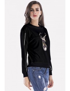 Black Deer Print Crew Neck Long Sleeve Casual Sweatshirt
