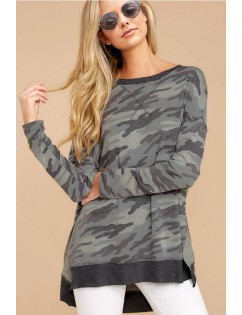 Gray Camouflage Slit Round Neck Casual Sweatshirt