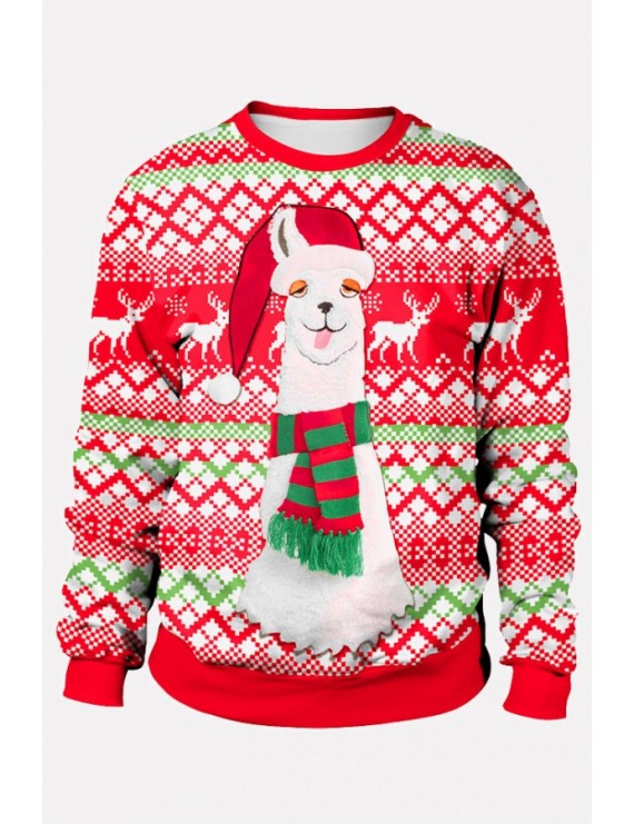 Red Alpaca Print Round Neck Long Sleeve Christmas Sweatshirt