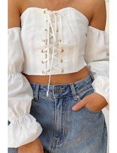 White Lace Up Off Shoulder Long Sleeve Sexy Crop Top