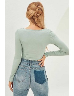 Light-green Square Neck Long Sleeve Casual Crop Top