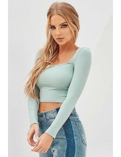 Light-green Square Neck Long Sleeve Casual Crop Top